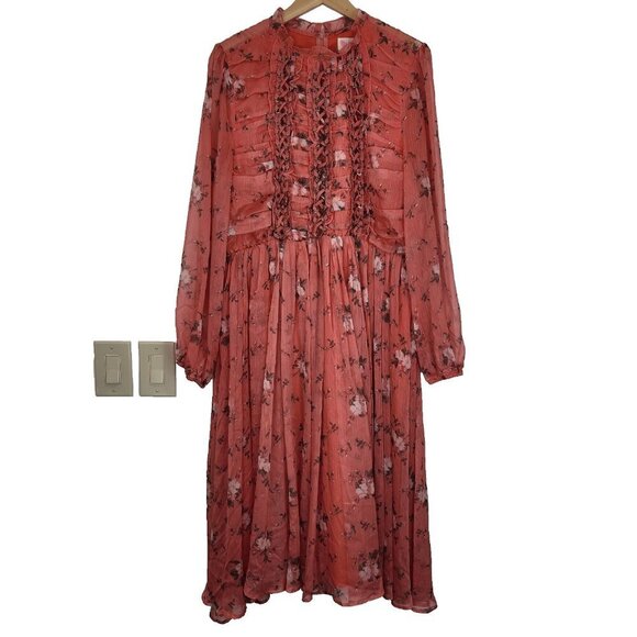 L'ATISTE By Amy Floral Chiffon Midi Dress Plus 1X Peach Pink Front Lacing Accent - Picture 1 of 9